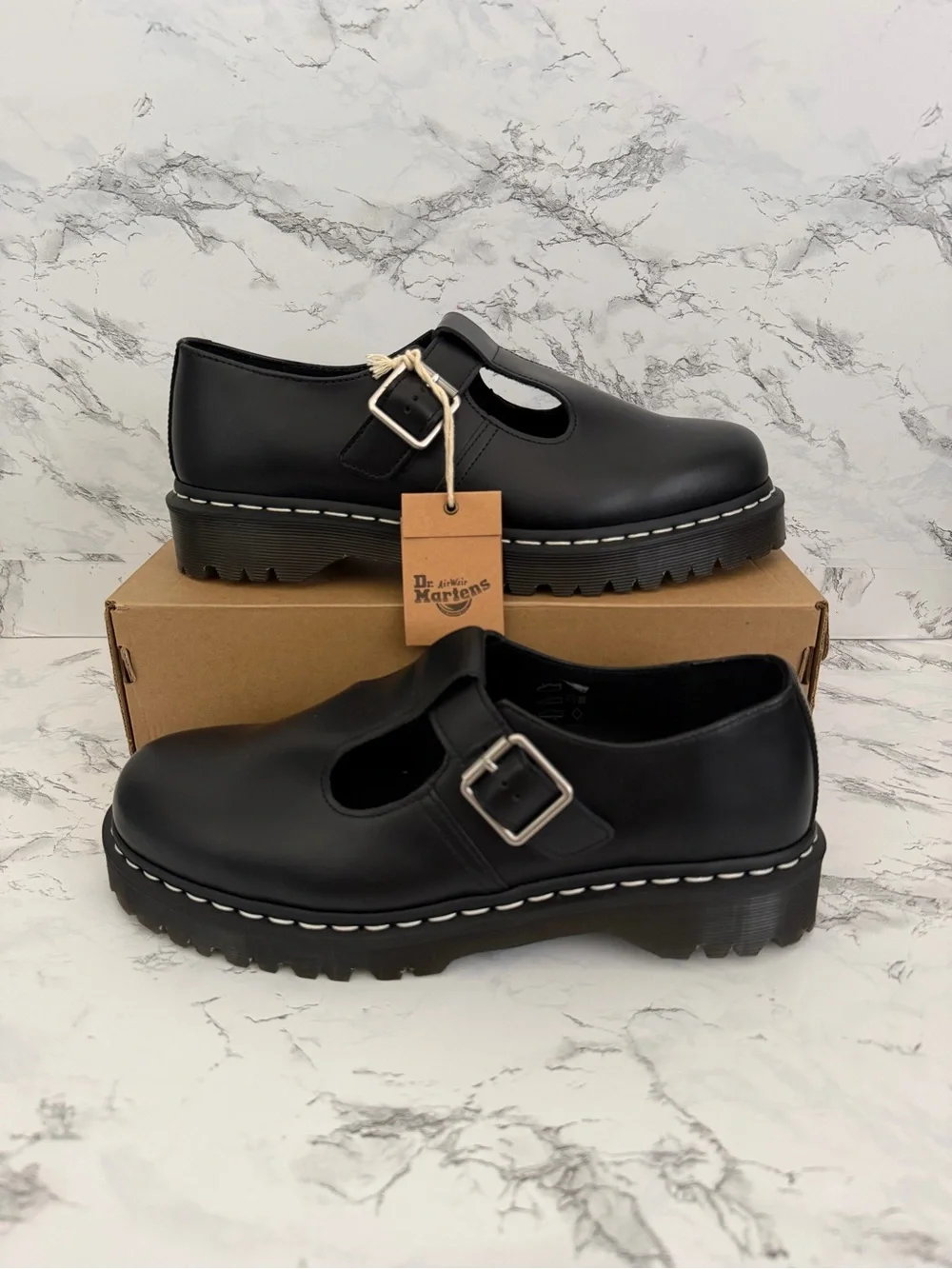 Dr. Martens Polley Bex Black Leather T-Bar Platform Shoes Preppy Women’s Size 12